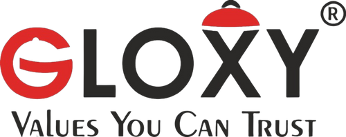 Gloxy logo with red and black design on a white background